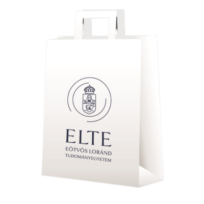 Ribbon-handled paper bag with ELTE university logo.